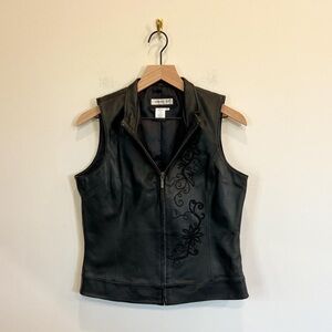 Coldwater Creek Black Leather Embroidered Vest
